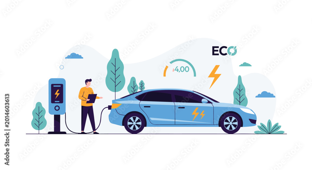 Naklejka premium Man at a modern electric vehicle charging station with a blue sedan and eco friendly energy concepts concept.