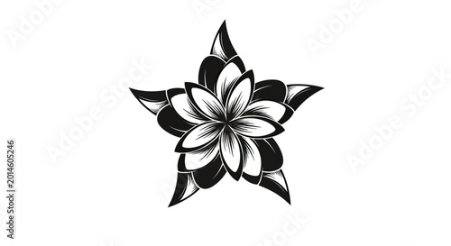 Konstfotografi A black and white star-shaped flower with detailed petals and leaves