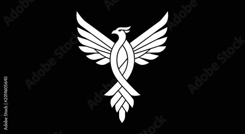 Tableau sur toile Stylized white phoenix rising with flowing tail feathers on black