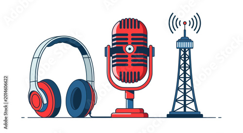 Foto Retro Microphone, Headphones, and Radio Tower - Audio Recording and Broadcasting