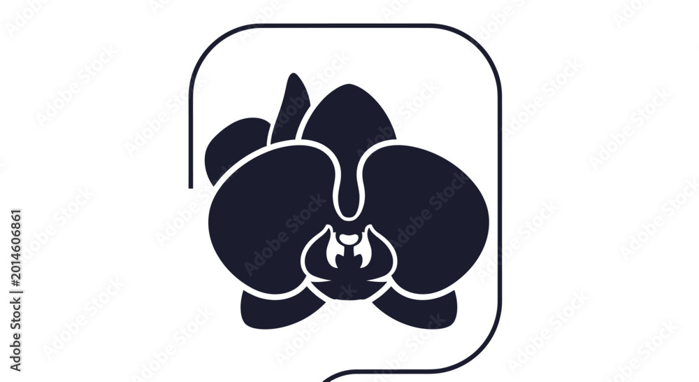 Fototapeta premium Stylized dark blue orchid silhouette within a rounded square frame