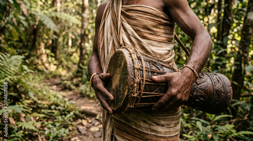 Authentic Papuan tifa drum carried outdoors in natural cultural setting. Ideal for tourism campaigns, education, heritage storytelling, and editorial design.