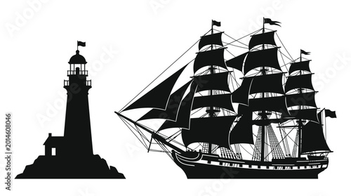 Cuadro en lienzo Sailing ship and lighthouse silhouette against a white background
