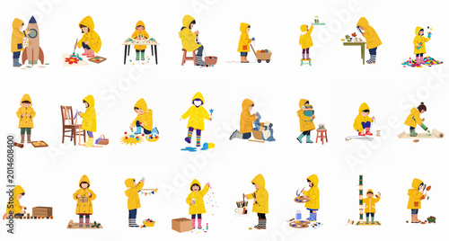 Foto A collection of illustrations showing children in yellow raincoats engaged in various creative crafts, learning activities, and imaginative play on a white background