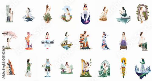 Foto A collection of 24 flat vector illustrations of mystical women personifying nature, seasons, and elements through ethereal silhouettes and double exposure scenery