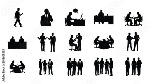 Bild auf Leinwand collection of business people silhouettes in various meeting and working scenari