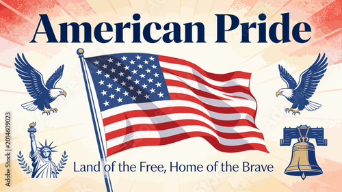 Foto American Pride: A vibrant illustration featuring the American flag, bald eagles, the Statue of Liberty, and the Liberty Bell, symbolizing freedom and patriotism