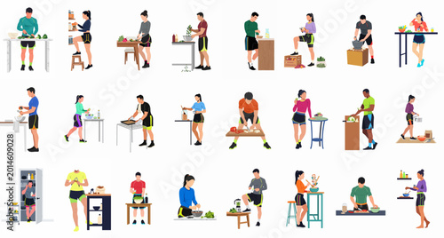 Fotografie Flat vector illustration set of athletic people preparing healthy meals, cooking, and eating nutritious food for a balanced fitness lifestyle