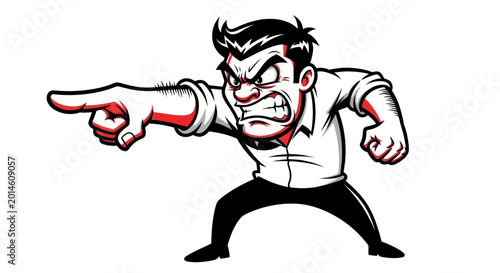 Fotografie Angry Man Pointing Finger Aggressively, Cartoon Style
