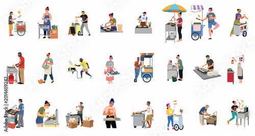 Canvas-taulu Collection of diverse street food vendors cooking pancakes and other snacks at various mobile food carts and stalls, isolated on white background