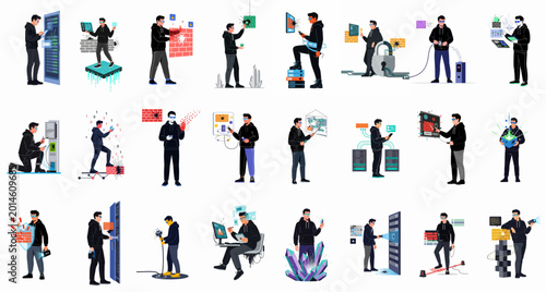 Bild auf Leinwand Collection of cyber security and hacking conceptual illustrations featuring a male hacker in a black hoodie performing various digital attacks and data breaches