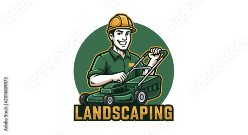 Smiling male landscaper in hard hat with lawnmower for landscaping services logo.