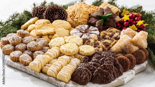Abundant Christmas Cookie Assortment on Wooden Platter Surrounded by Festive Decorations