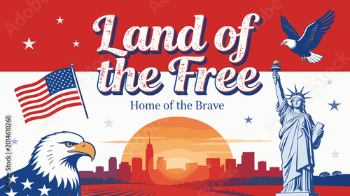 Fotografía Land of the Free, Home of the Brave: A patriotic montage featuring the Statue of Liberty, an American flag, an eagle, and a city skyline at sunset