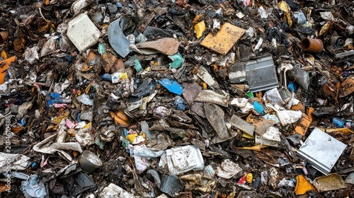 A detailed, high-contrast close-up of a massive industrial waste pile, showcasing diverse discarded materials and textures under bright light.