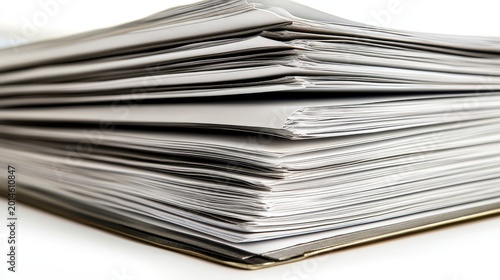 A Thick Stack of Paper Documents Isolated on a White Background, Representing Organized Information and Business Records