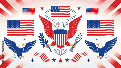 Tableau sur toile An artistic depiction of American patriotic symbols including eagles, the Great Seal of the United States, and numerous American flags against a red and white striped background