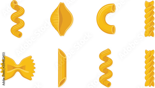 Fotografie Collection of various dry pasta shapes featuring penne fusilli farfalle macaroni and conchiglie for traditional Italian cooking