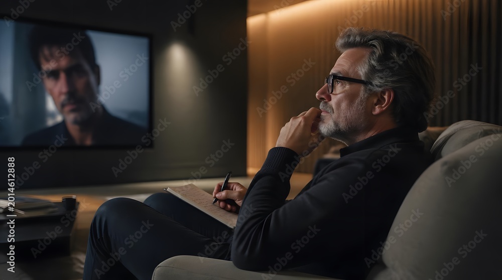 Obraz premium Stylish Man with Glasses Analyzing Scene on Tv in Cozy Living Room