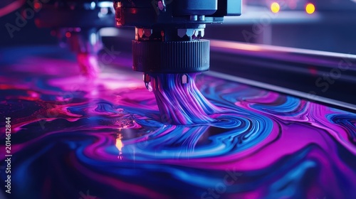 Close-up of an inkjet printing head depositing vibrant swirling liquid ink in a dynamic color transition