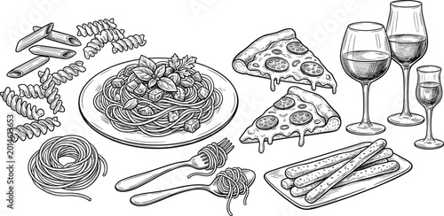 Photos Hand drawn sketch of Italian cuisine dinner with pepperoni pizza slices pasta spaghetti wine glasses and tasty food