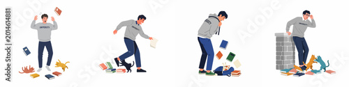 Foto Flat illustration set of a university student experiencing various clumsy and chaotic mishaps with books and cats in a series of funny scenes