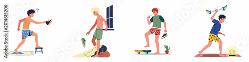 Foto Collection of illustrations featuring a young man experiencing various frustrating and humorous mishaps at night, including sleepwalking and accidental domestic incidents