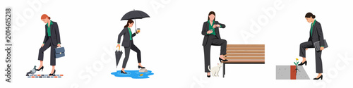 Tableau sur toile Flat vector illustrations of a corporate businesswoman showing determination and indifference while stepping over obstacles like pigeons, puddles, and flowers in urban settings