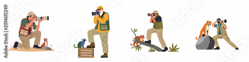 Photography Set of professional wildlife photographers in safari gear taking pictures of wild cats and animals, isolated on a white background