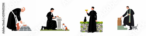 Canvastavla Set of illustrations featuring Catholic priests in traditional black cassocks interacting with various cats in garden and outdoor settings
