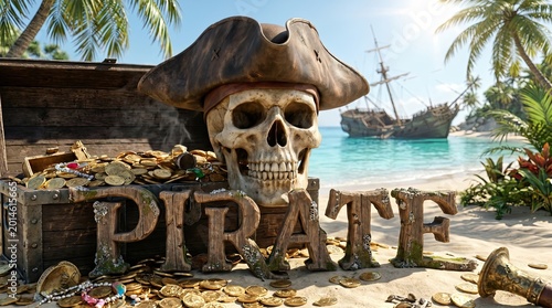 Pirate's Bounty: A weathered pirate chest overflows with gleaming gold coins on a tropical beach, guarded by a grinning skull and a tattered pirate hat.