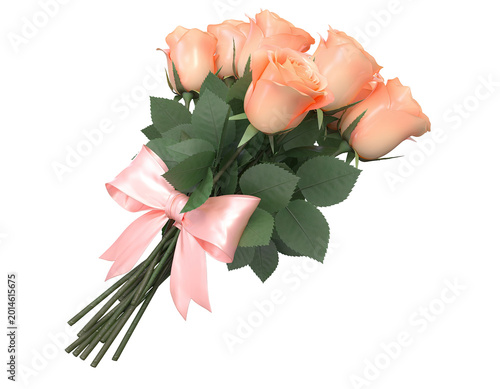 Bouquet of Peach Roses with Pink Bow