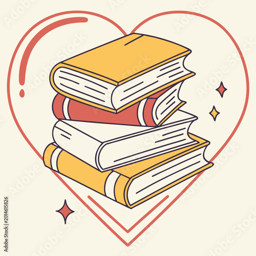 Stack of colorful books inside heart outline illustration.