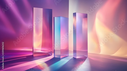Rectangular Glass Prisms Displaying Vibrant Spectral Light Refractions in a Modern Studio Setting