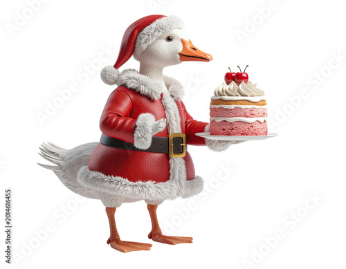 Goose in Santa Costume Holding a Cherry Cake