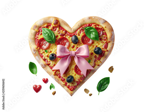 Heart-Shaped Pepperoni Pizza with Pink Bow and Olives