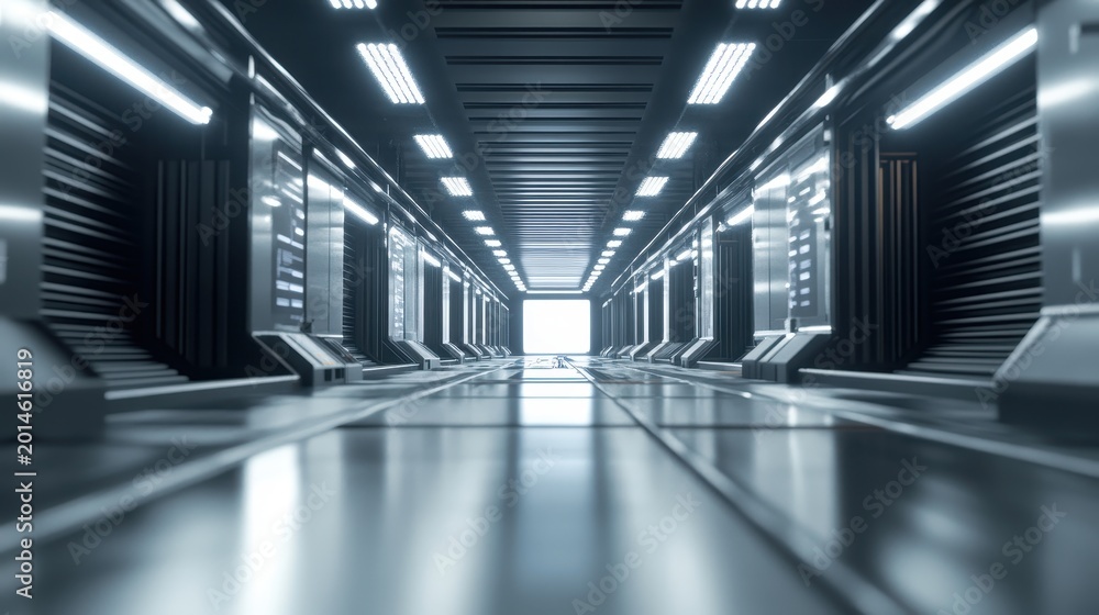Fototapeta premium Sleek futuristic metallic corridor with bright overhead lighting and reflective flooring stretching into a luminous exit