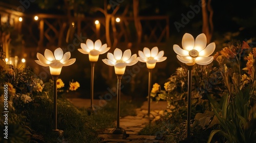 Solar powered garden lights in a flower design illuminating a garden pathway at night with warm white glow