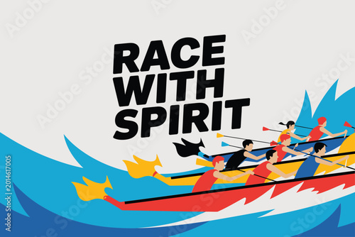 Bild auf Leinwand Race With Spirit Regatta, Vibrant Dragon Boat Crew Cutting Waves, Poster And Fly