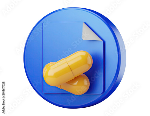 3D Icon of Pills on a Blue Document Symbol