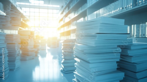 Stacks of legal and business documents in an office library bathed in sunlight