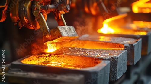 Molten gold being poured into industrial bar molds with intense heat and glowing sparks at a metal foundry