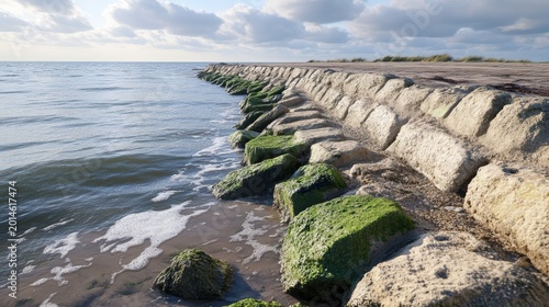 Rocky Coastal Defense Against Rising Sea Levels, Showing Erosion and Damaged Infrastructure