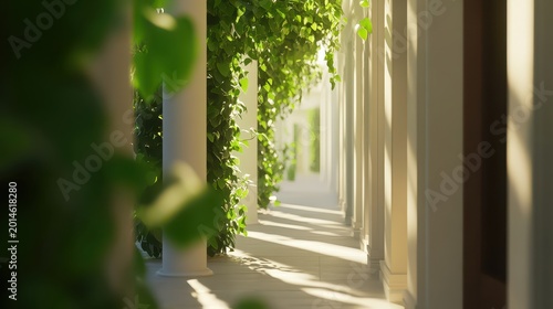 Sunlit architectural corridor interwoven with lush greenery and dappled shadows