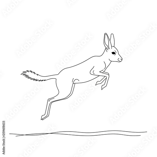 Line drawing of a jumping kangaroo in mid-air over a simple ground line.