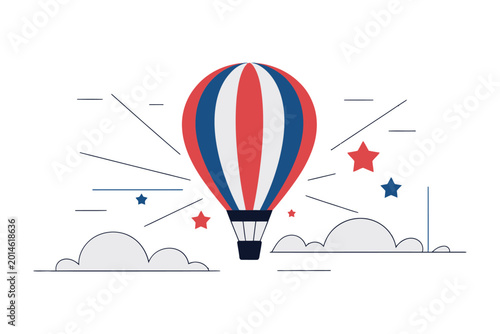 Tableau sur toile Patriotic Balloon Journey, Hot Air Balloon Over Clouds And Stars, Red Blue Theme