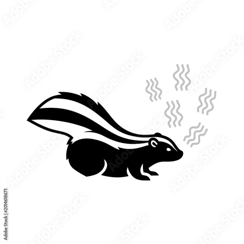 Black and white skunk illustration with odor clouds, isolated on white background.