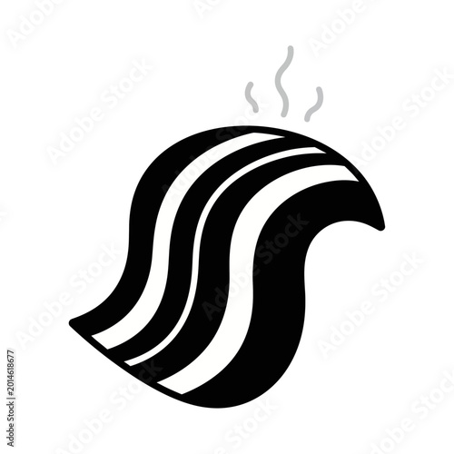 Delicious sizzling bacon strips with steam rising from the cooked meat, isolated.