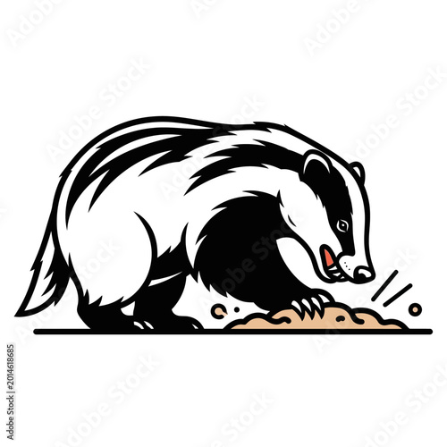 Cartoon illustration of a badger digging in the dirt, isolated on white.