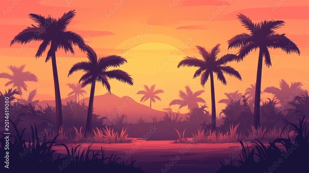 Fototapeta premium Vibrant Tropical Sunset Silhouettes With Palm Trees Against A Warm Golden Hour Sky And Lush Landscape